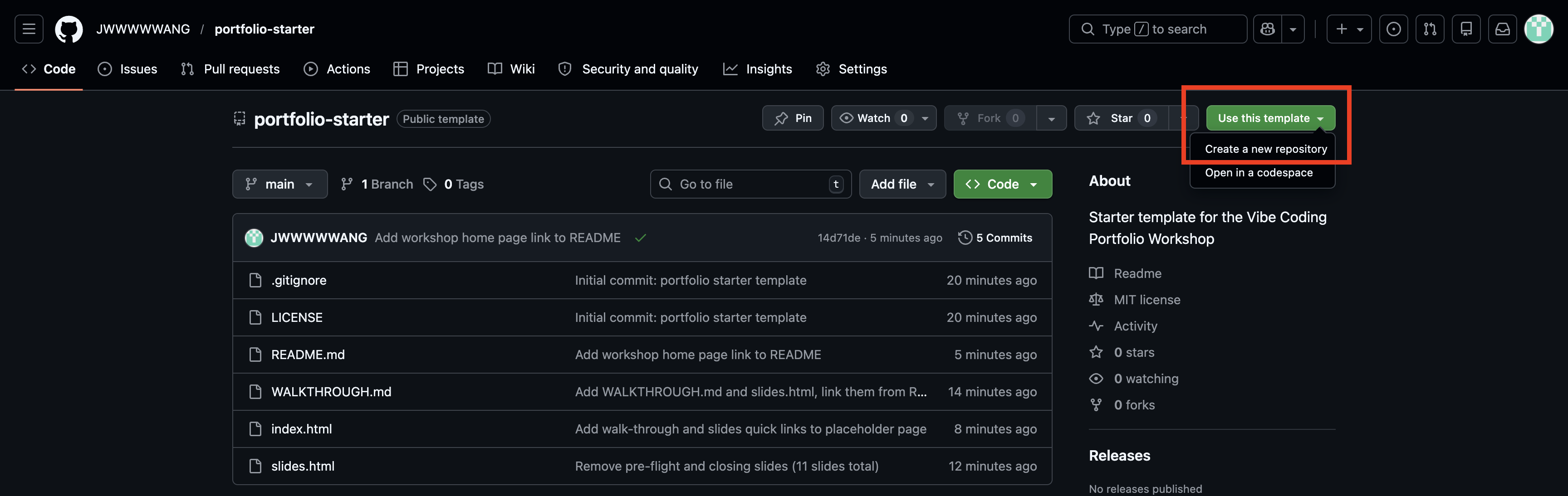 The portfolio-starter repo with the Use this template button highlighted in the top right