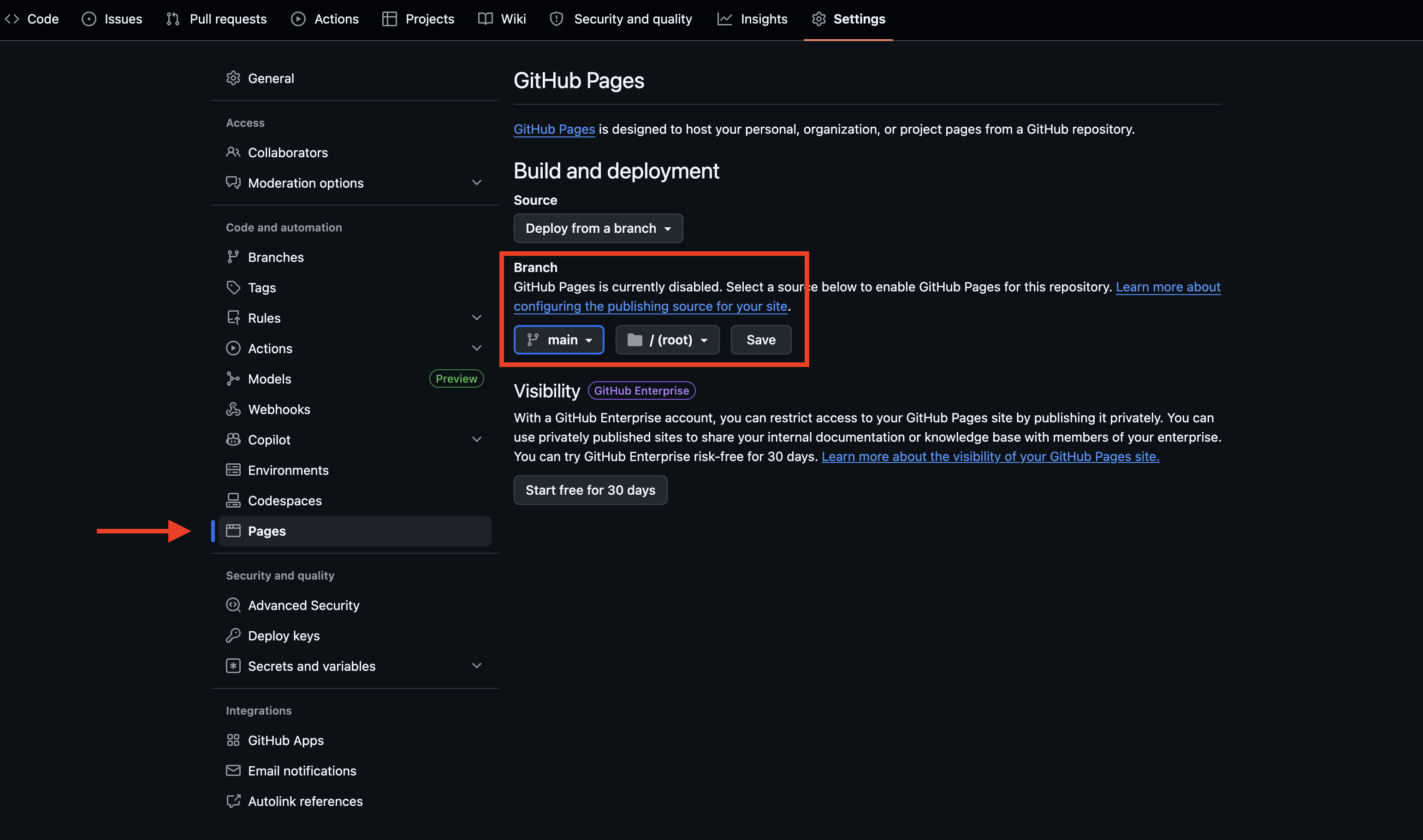 GitHub Pages settings showing Branch set to main with Save button highlighted