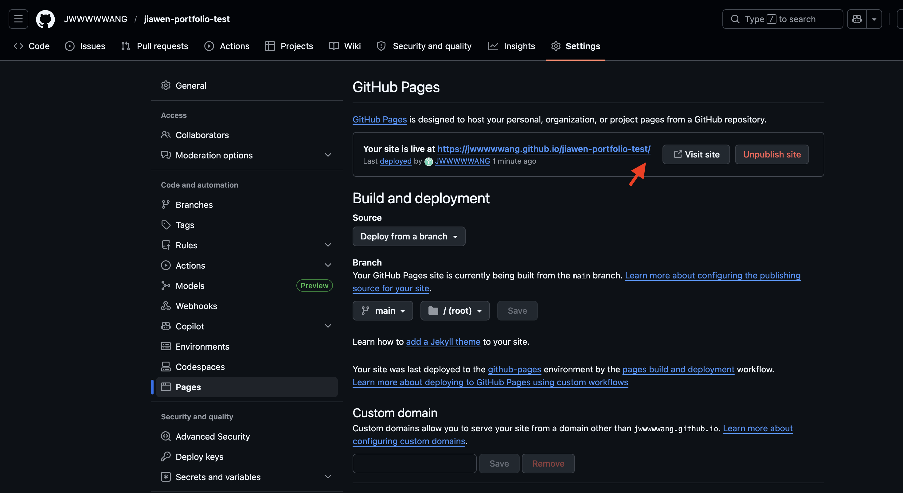 GitHub Pages settings showing the live site URL banner with a Visit site button