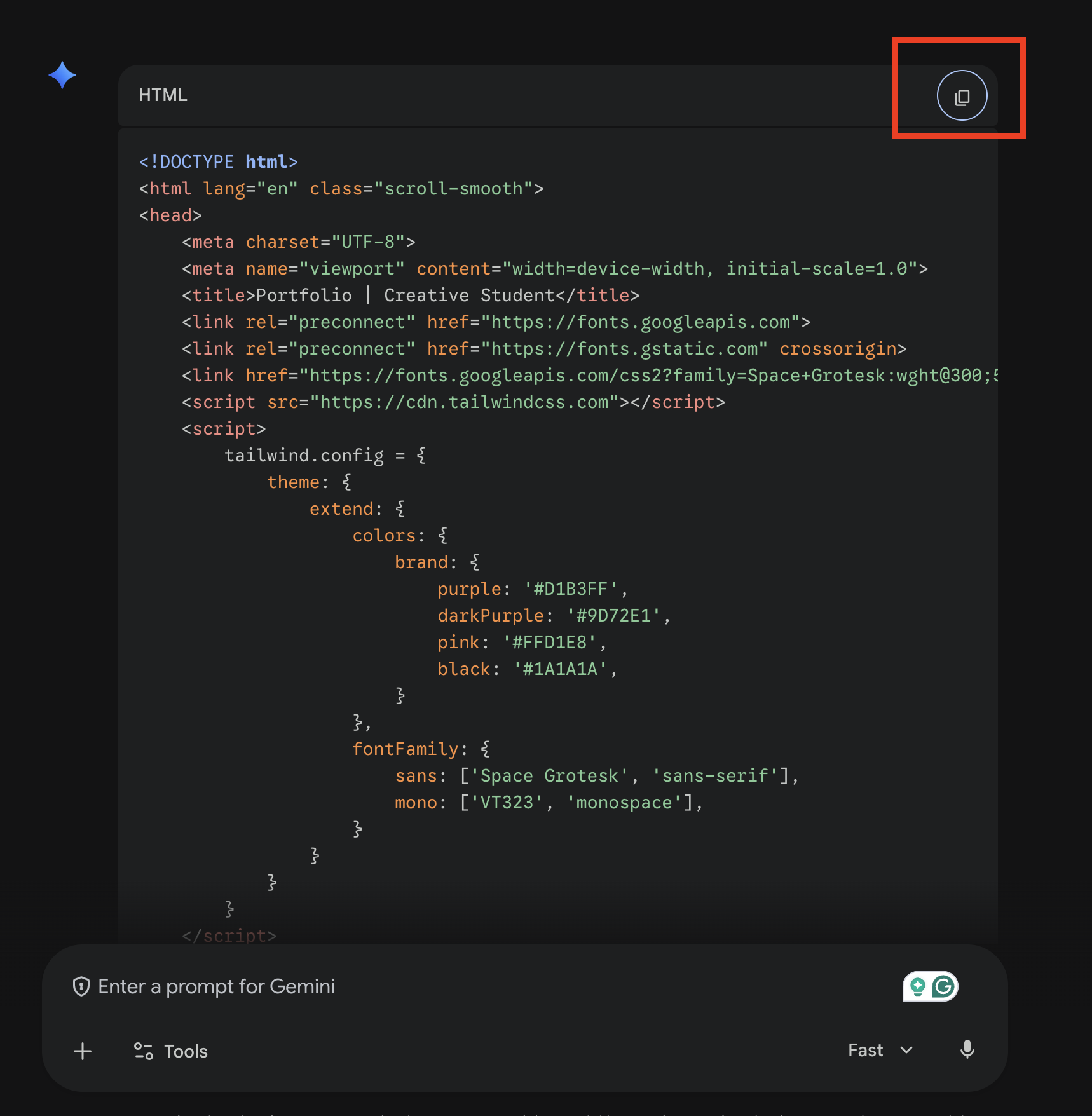 Gemini chat window showing an HTML code block output with the Copy button highlighted in the top-right corner