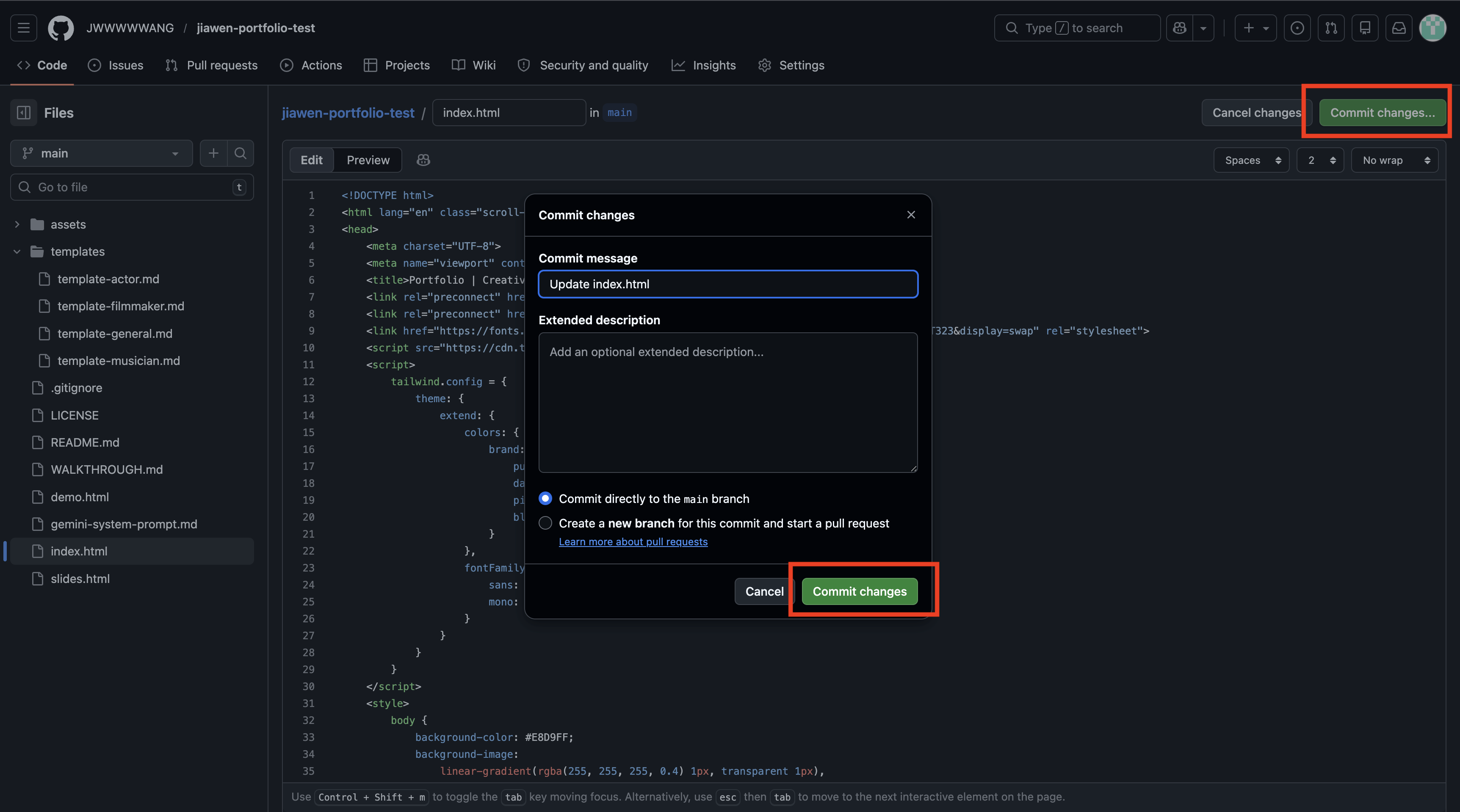 GitHub web editor showing index.html being edited with the Commit changes dialog open